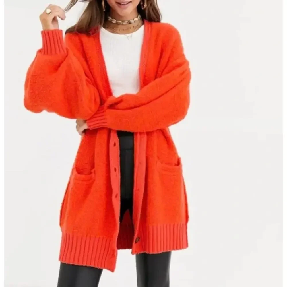 Free People Snow Drop Oversized Cardigan V Neck Sweater Orange XS Boho 3968 - Picture 3 of 13